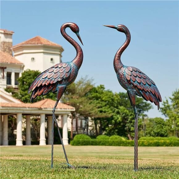 Garden Crane Statues Patina Heron Decoy, Standing Metal Crane Sculptures